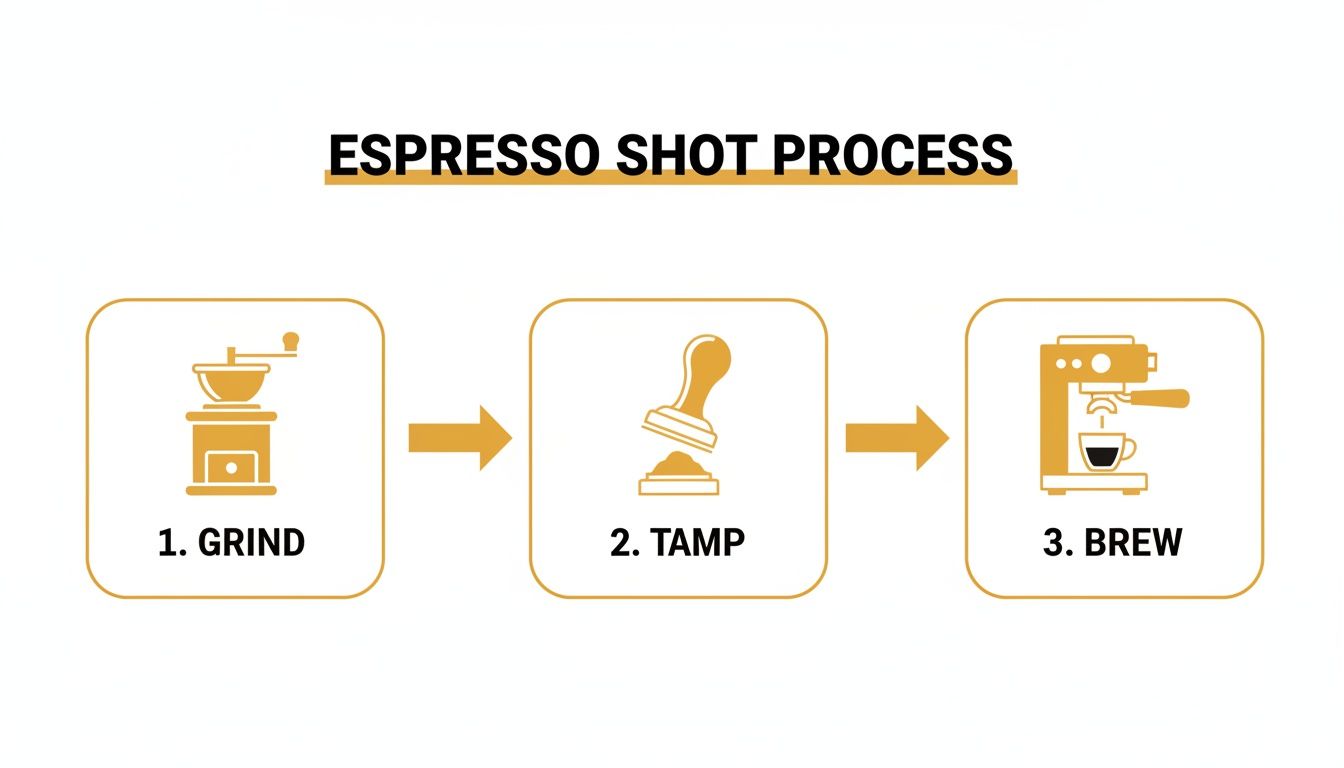 A three-step diagram showing the espresso shot process: grind beans, tamp coffee, and brew.