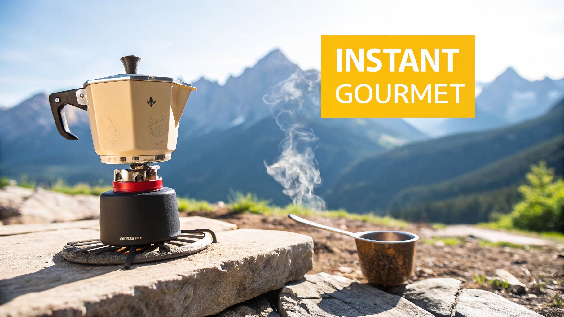 A steaming cup of coffee held by a backpacker in a scenic mountain setting.