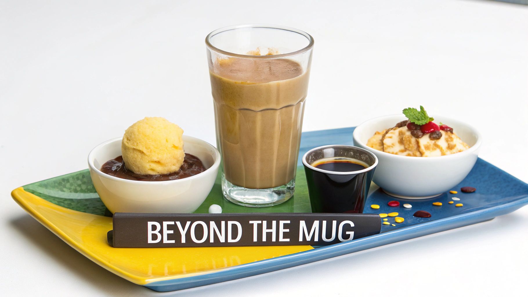 A colorful tray presents a chai latte, two distinct desserts, and an espresso shot with a 'BEYOND THE MUG' sign.