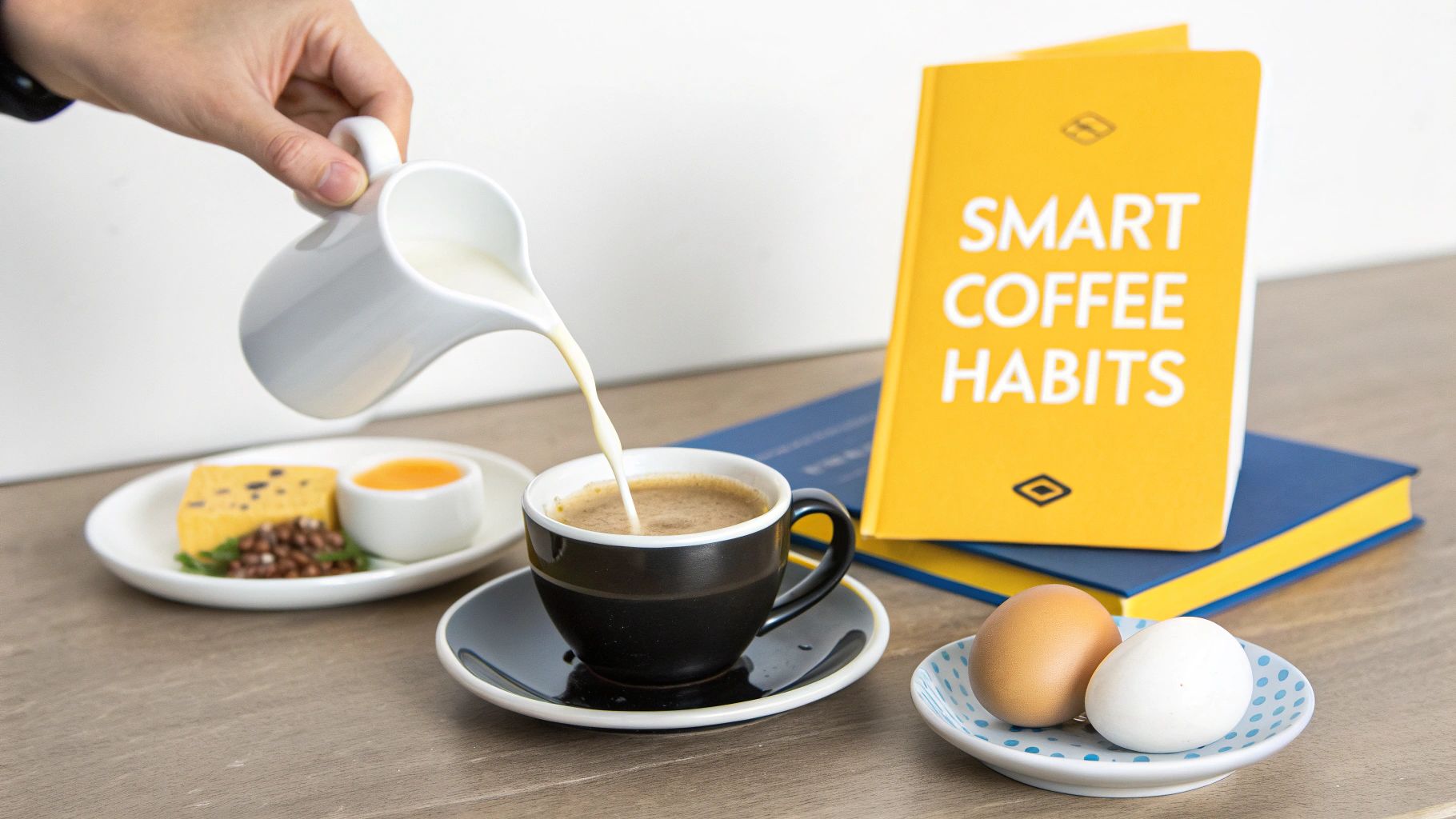 A hand pours milk into a black coffee cup, with breakfast food, eggs, and a book titled 'Smart Coffee Habits' on a table.
