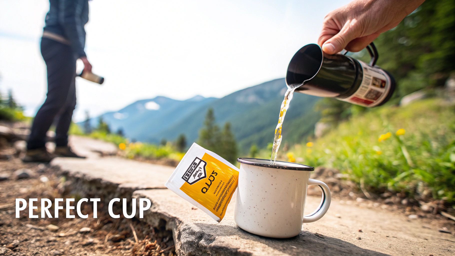 A hand pours hot water into a mug next to a single-serve coffee packet on a mountain trail.