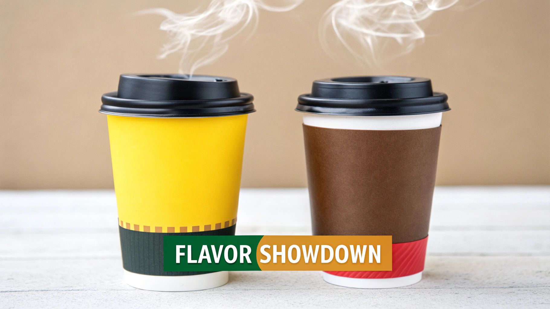 A steaming cup of ground coffee next to a cup of instant coffee.