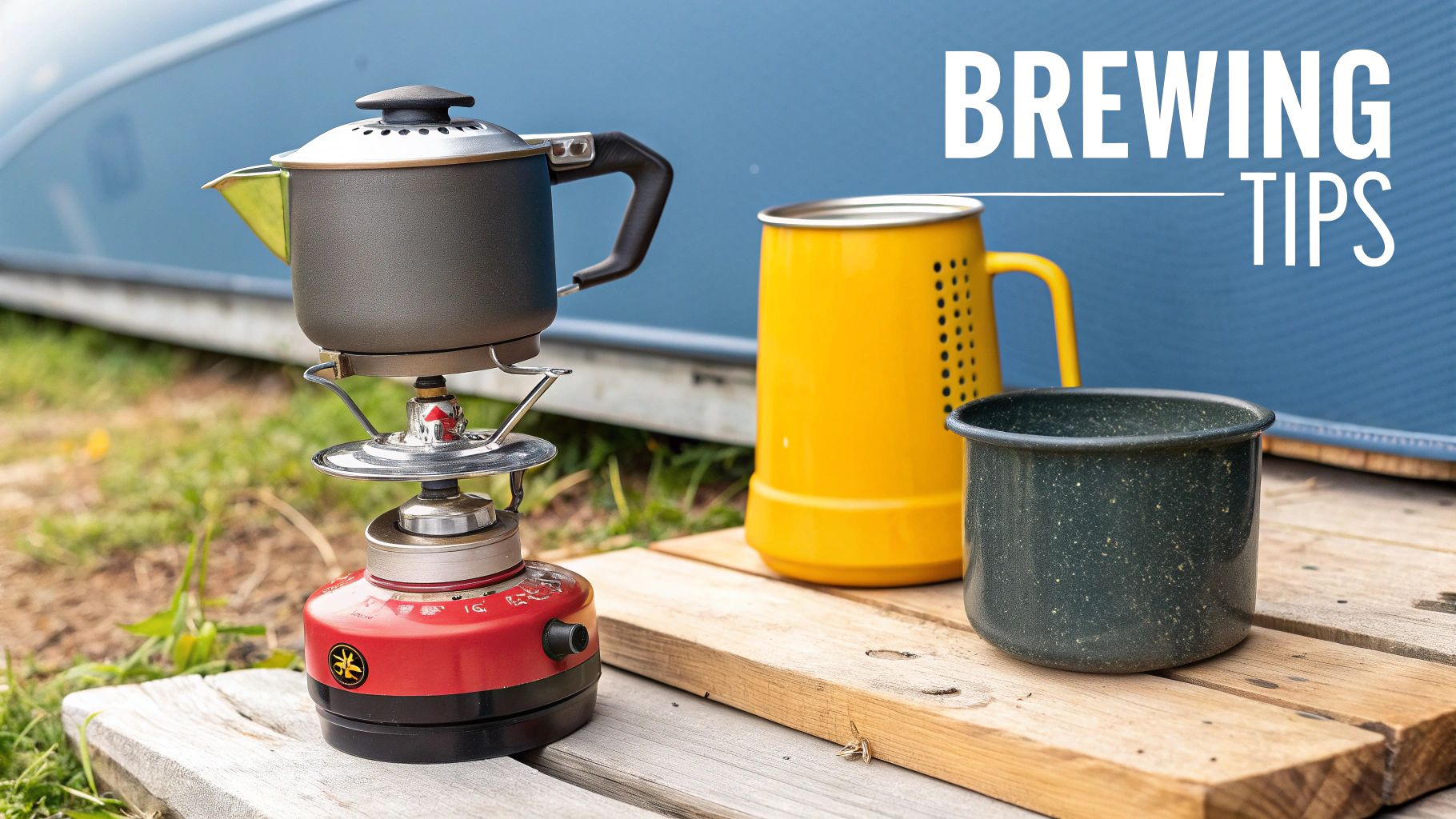 A person enjoying a freshly brewed cup of instant coffee at their campsite with a scenic mountain view.