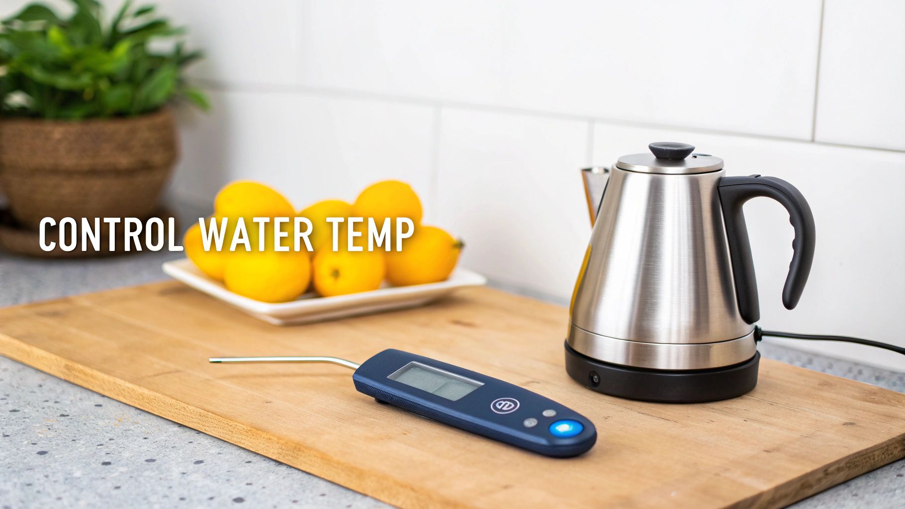 A stainless steel electric kettle, a blue digital thermometer, and lemons on a wooden board in a modern kitchen.