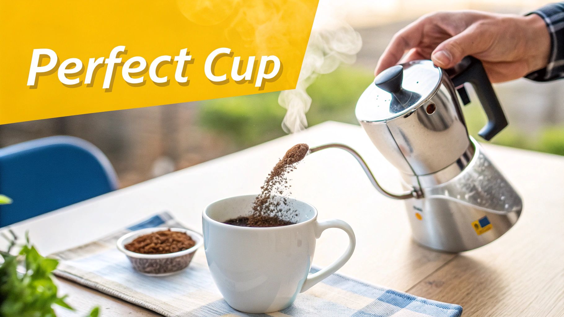 A person pours a stream of instant coffee powder into a white mug from a metallic kettle.