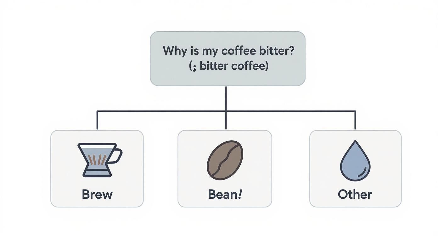 A flowchart explaining why coffee might be bitter, categorizing reasons into brew, bean, and other factors.