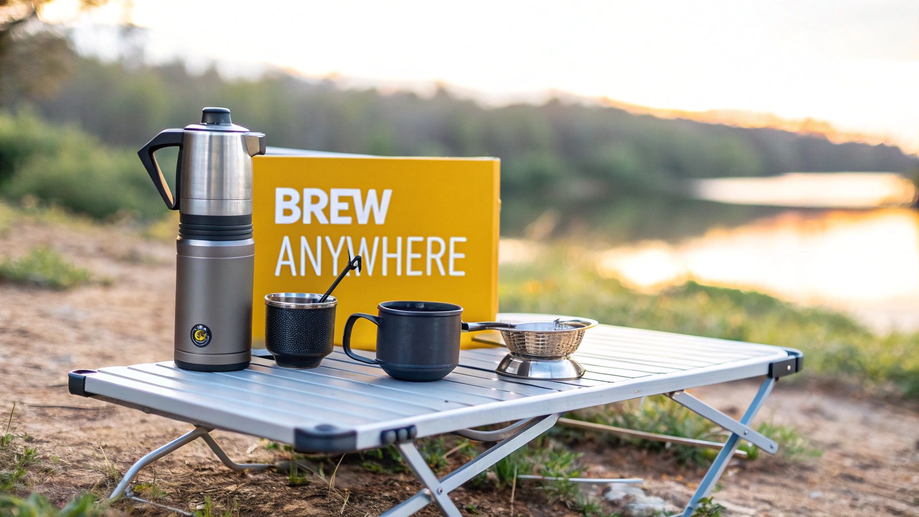 Outdoor coffee brewing kit with a thermos, mugs, and filter on a table by a lake.