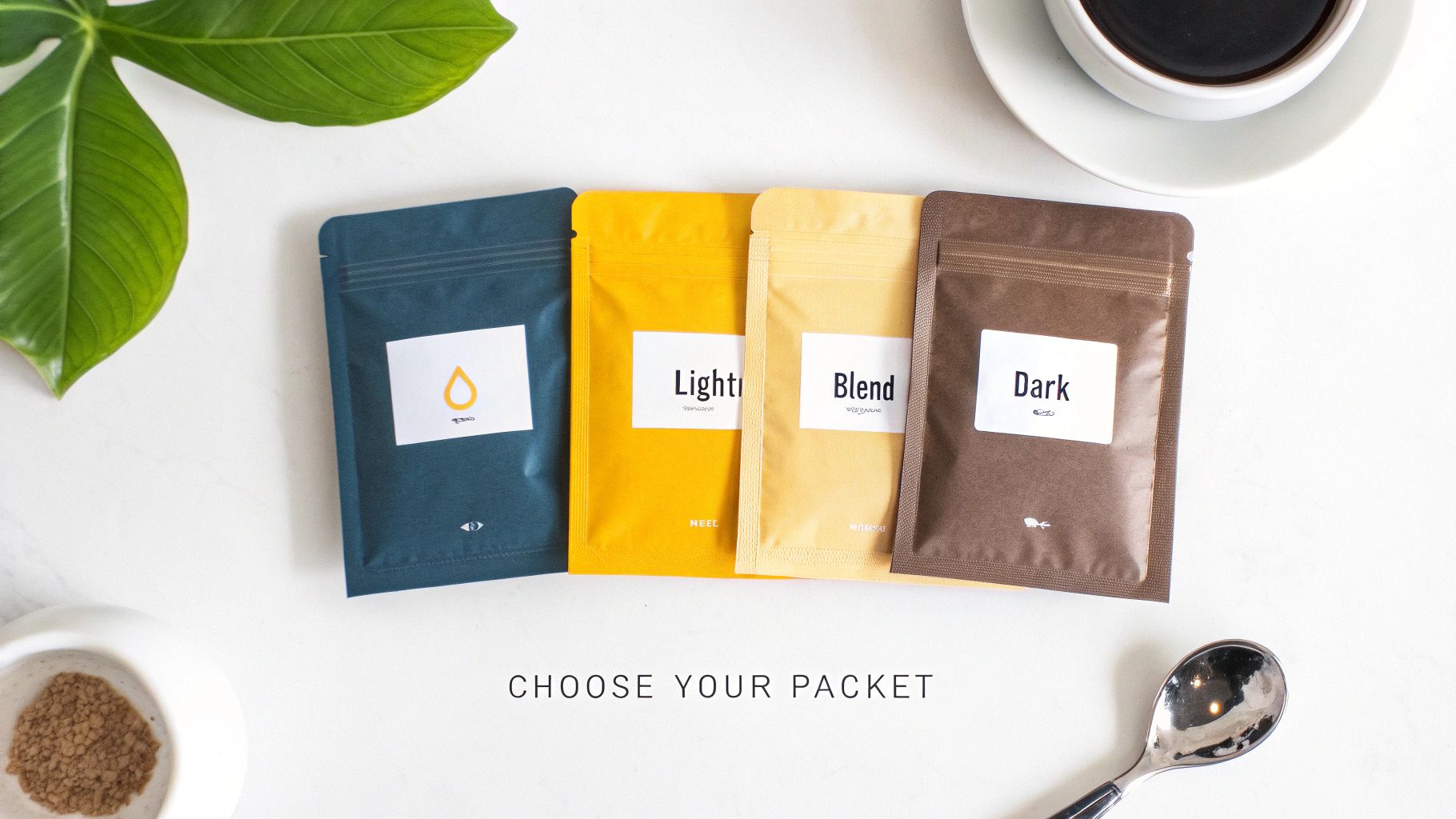 Four vibrant coffee packets, each with a unique label, arranged on a white table with a coffee cup and spoon.