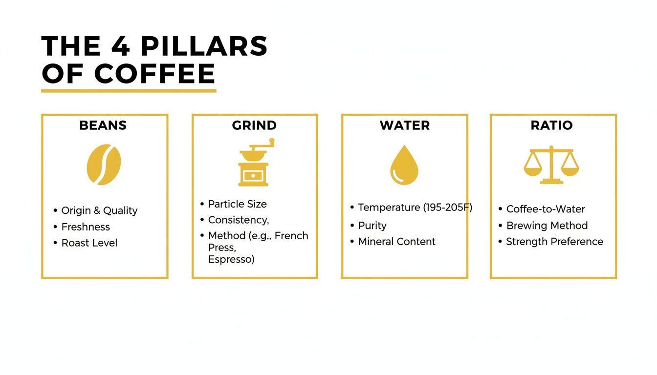 An infographic detailing the four pillars of coffee: beans, grind, water, and ratio, with key factors for each.