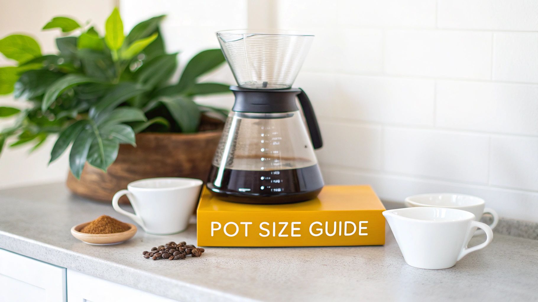 A coffee pour-over carafe and filter with fresh coffee on a counter with coffee beans and cups.