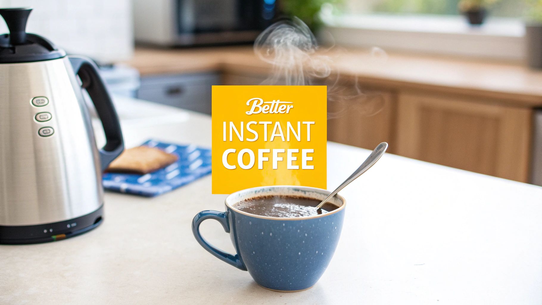 A person pouring hot water from a kettle into a mug with instant coffee.