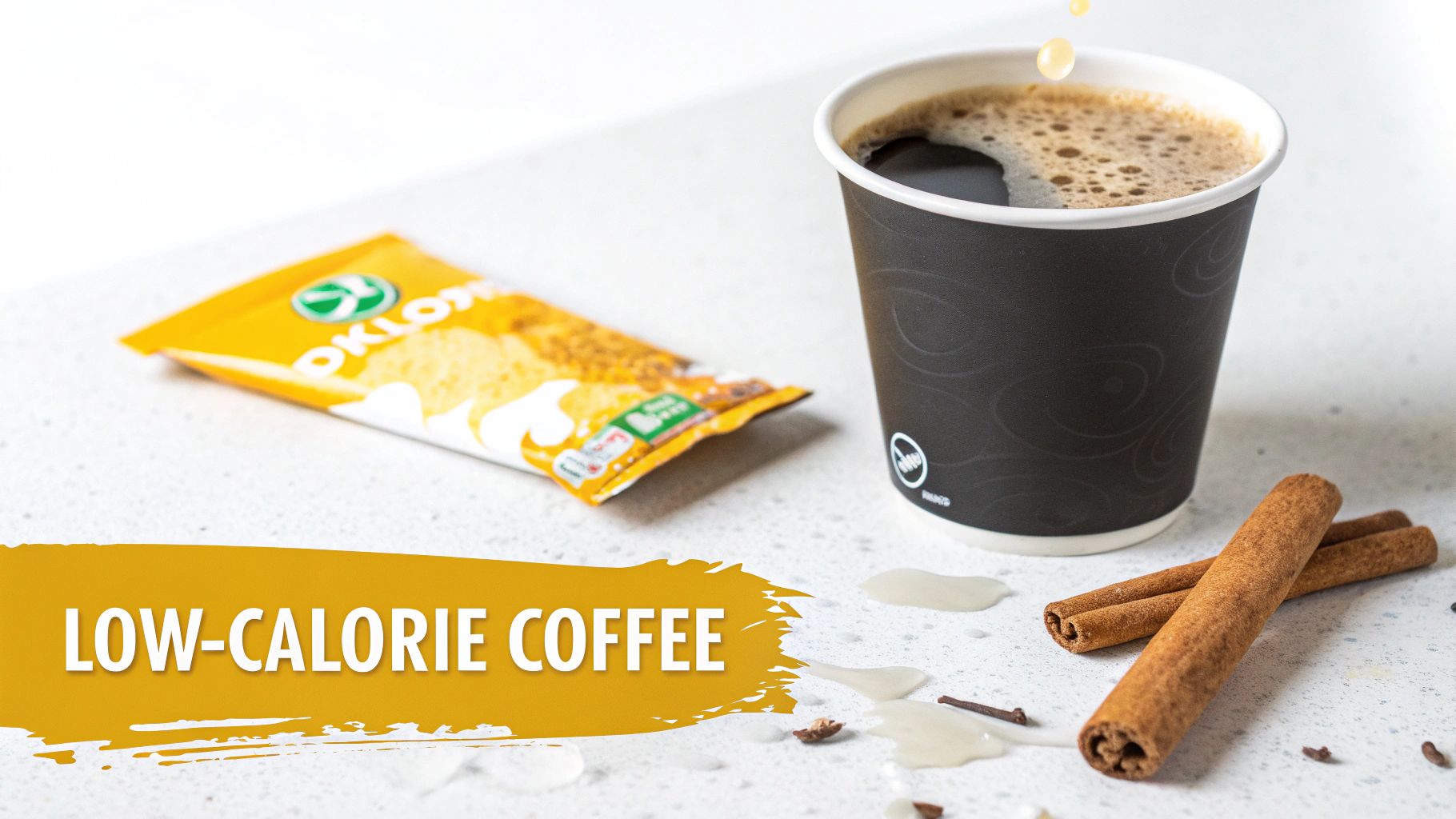 A cup of low-calorie black coffee next to an instant coffee sachet and cinnamon sticks on a white surface.