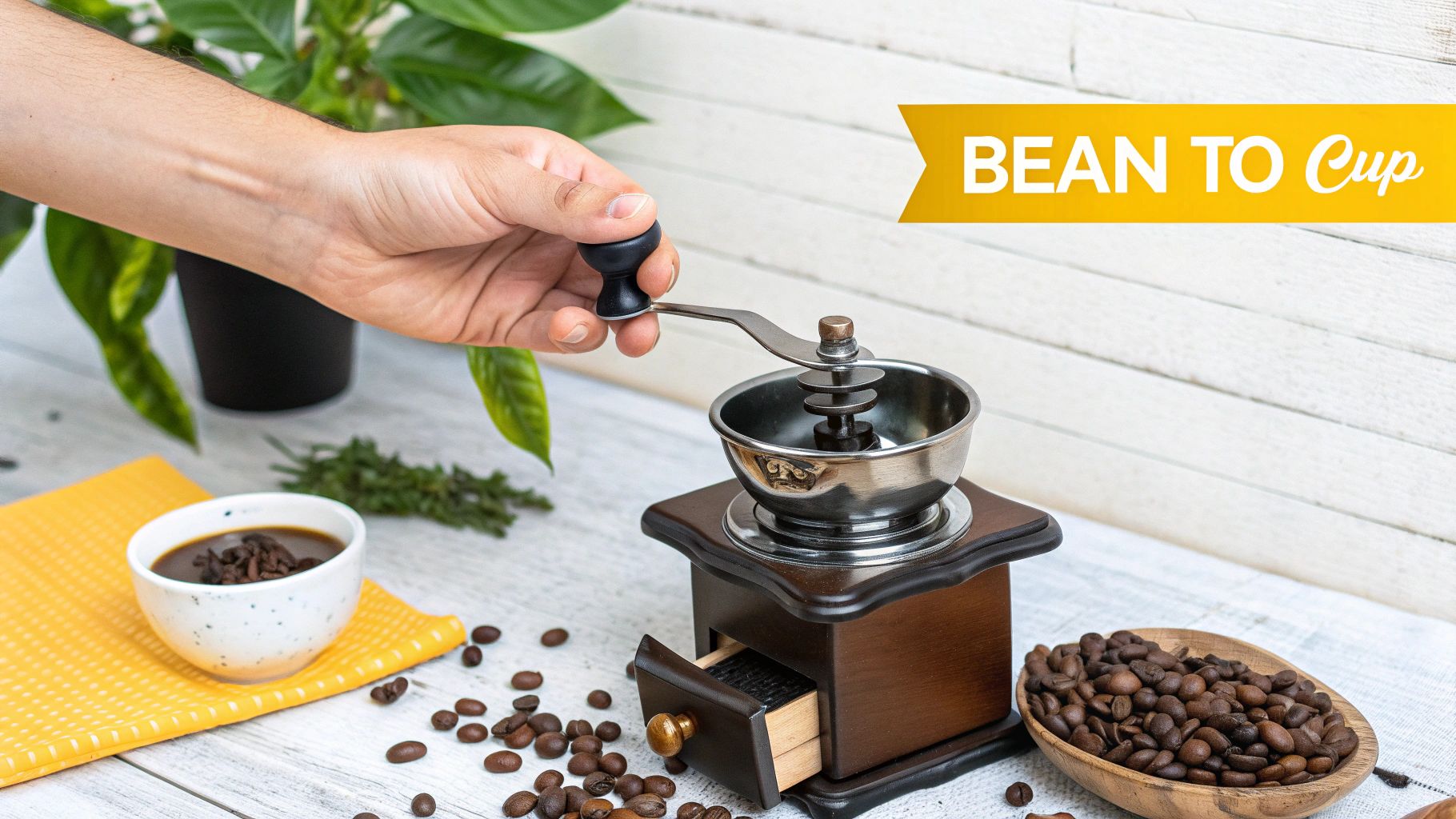 Roasted coffee beans being ground next to a jar of instant coffee granules.