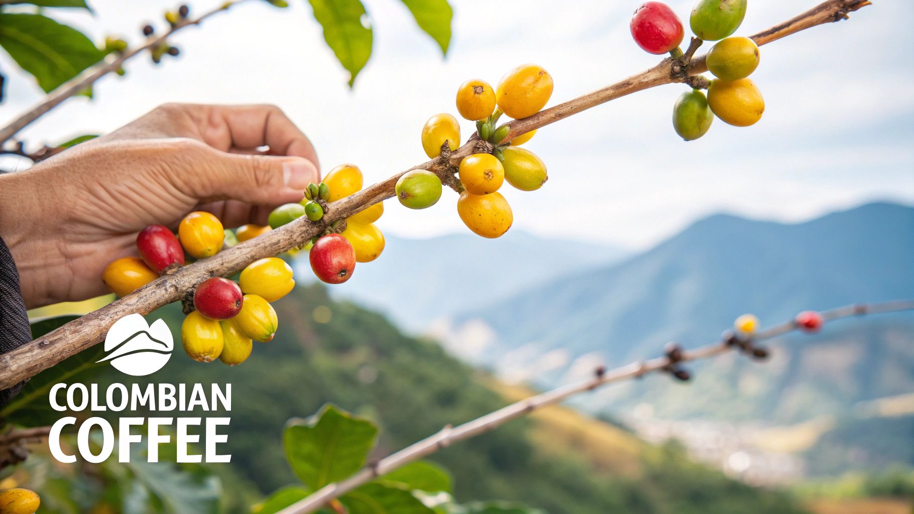 A scenic view of a Colombian coffee plantation on a lush, green mountainside.