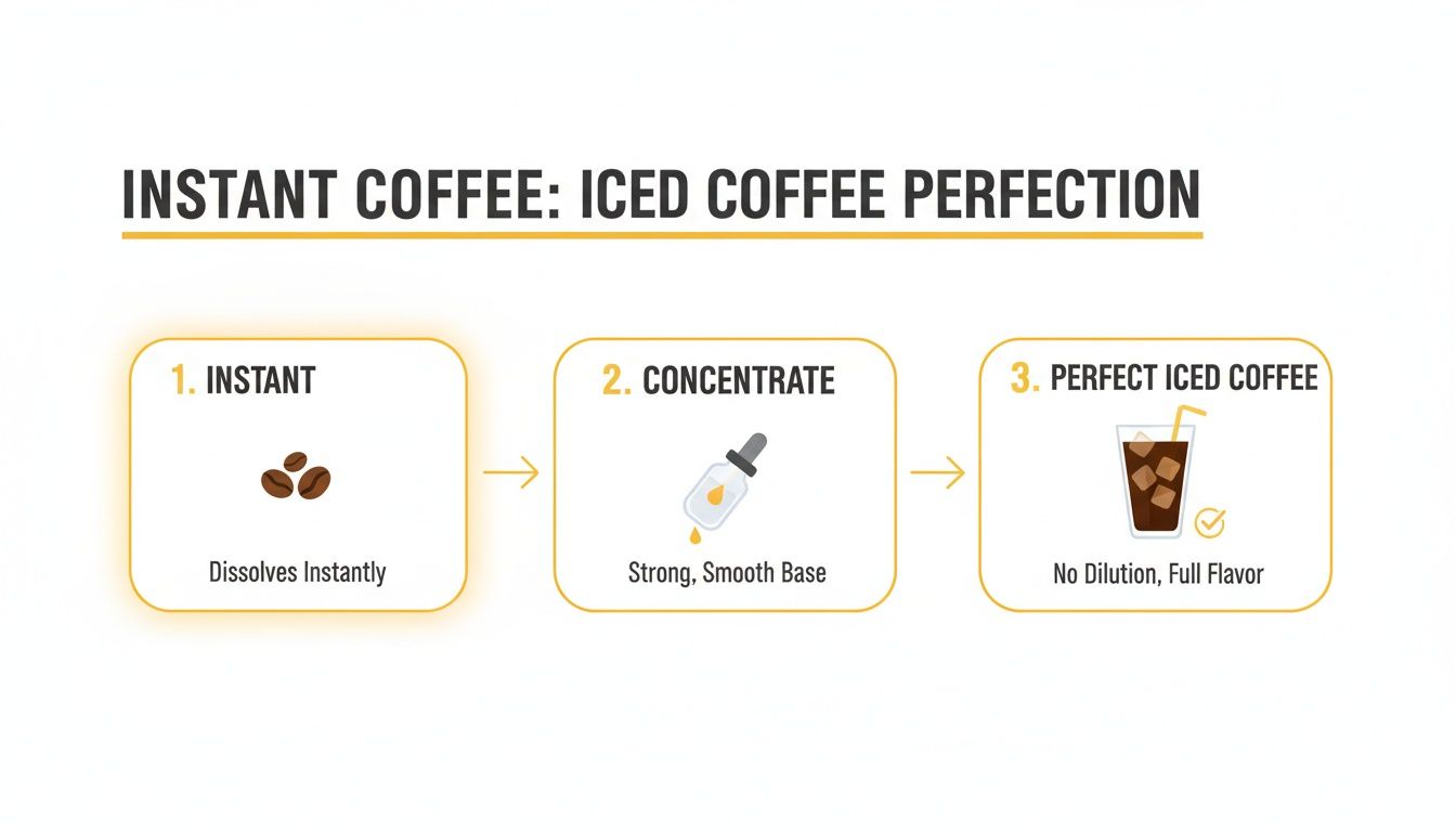 Infographic demonstrating a three-step process to make perfect, full-flavored iced coffee using instant coffee.