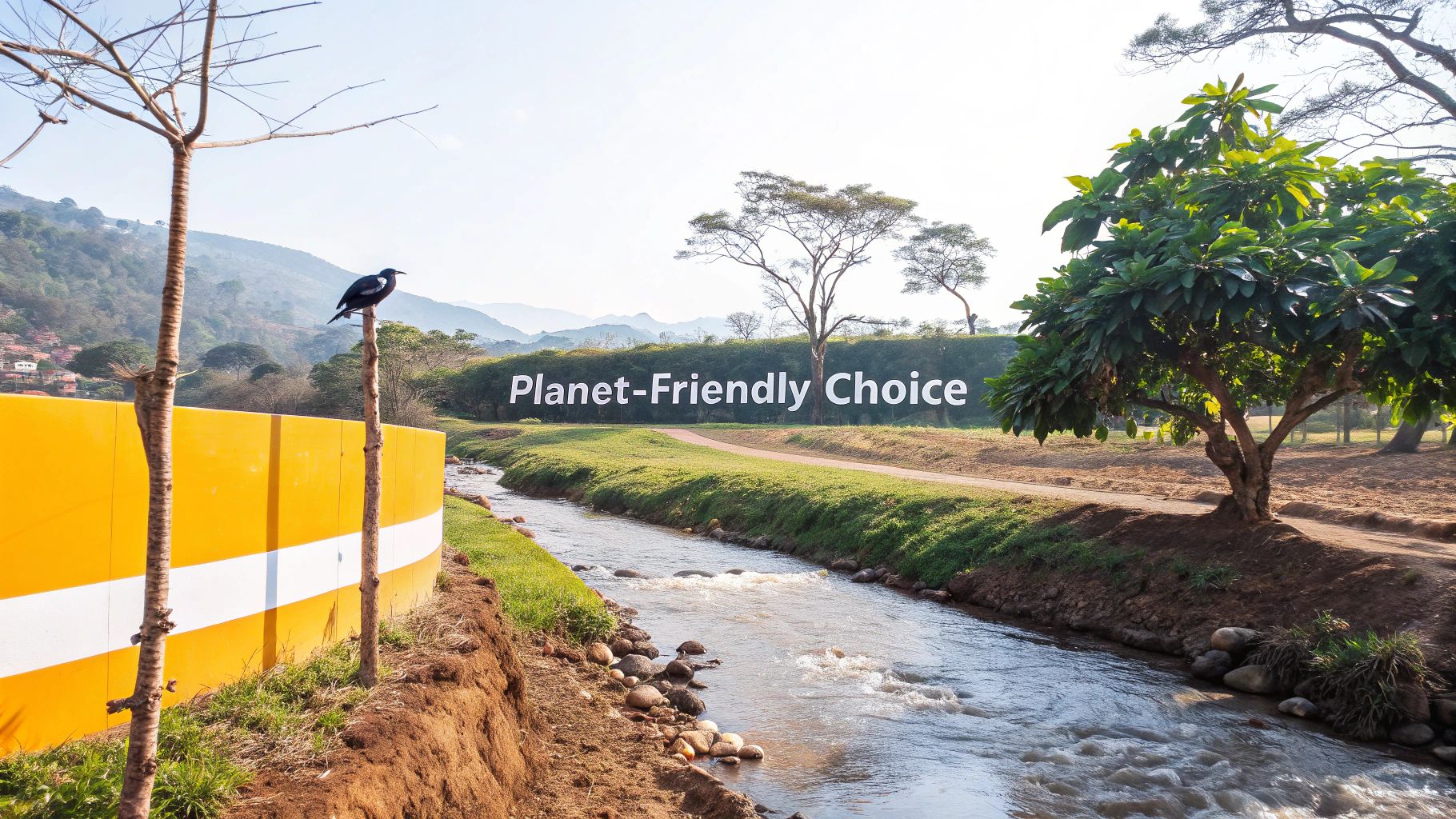 A scenic river landscape with trees, mountains, a bird, and a 'Planet-Friendly Choice' sign.