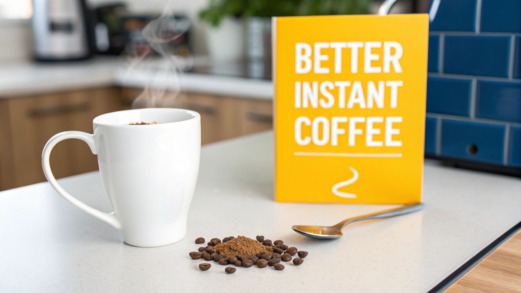 A person pouring hot water into a mug of instant coffee.
