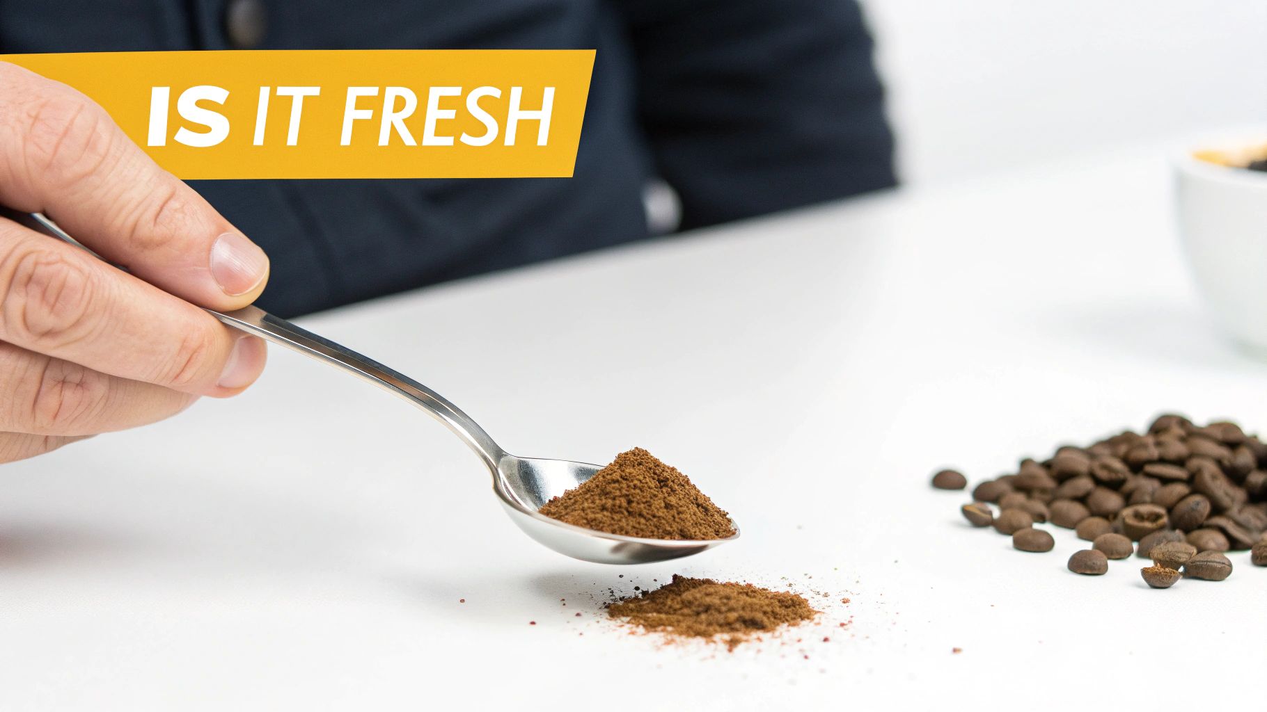 A person inspecting the contents of a jar of instant coffee granules.