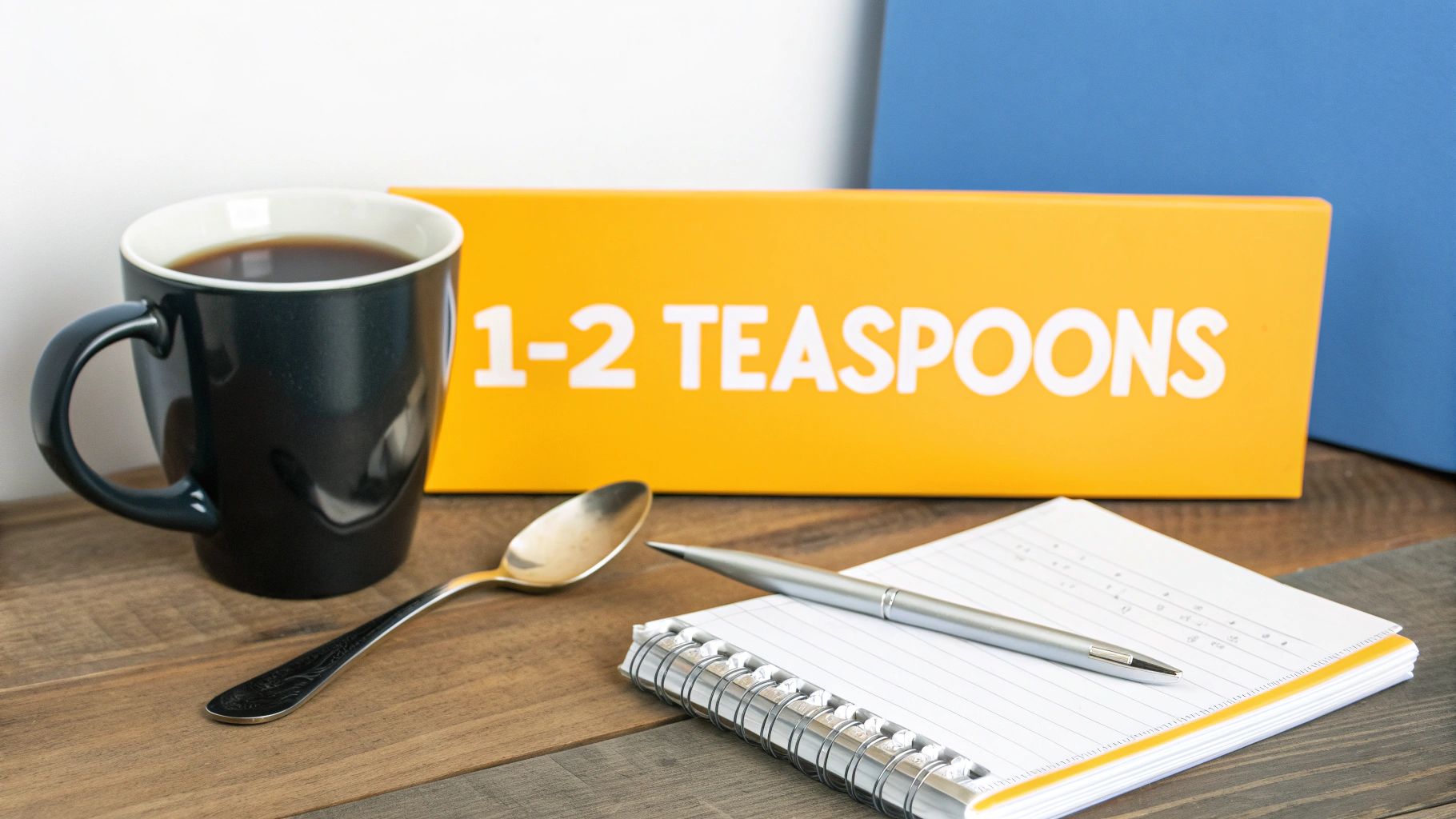 A black coffee mug, a spoon, an open notebook with a pen, and an orange sign that reads "1-2 TEASPOONS" on a wooden surface.