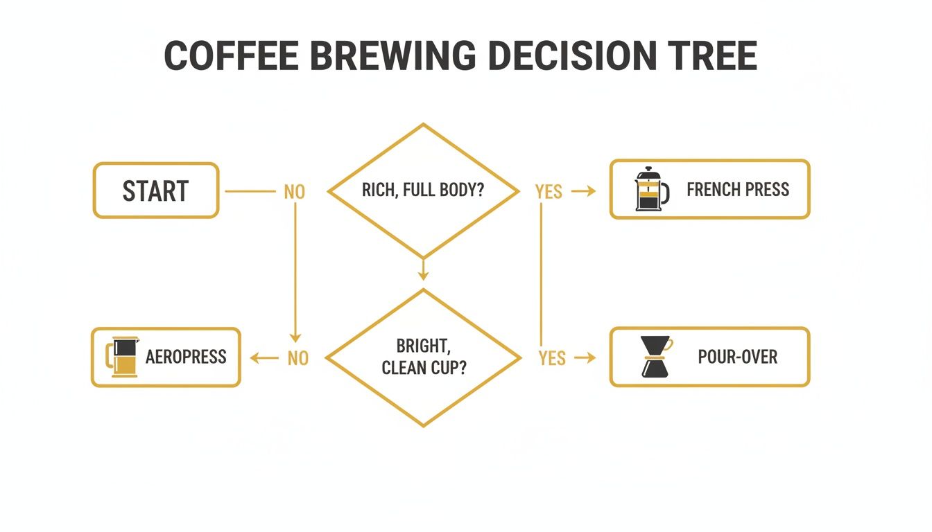 A coffee brewing decision tree flowchart guiding users to French Press, Pour-Over, or AeroPress based on desired characteristics.