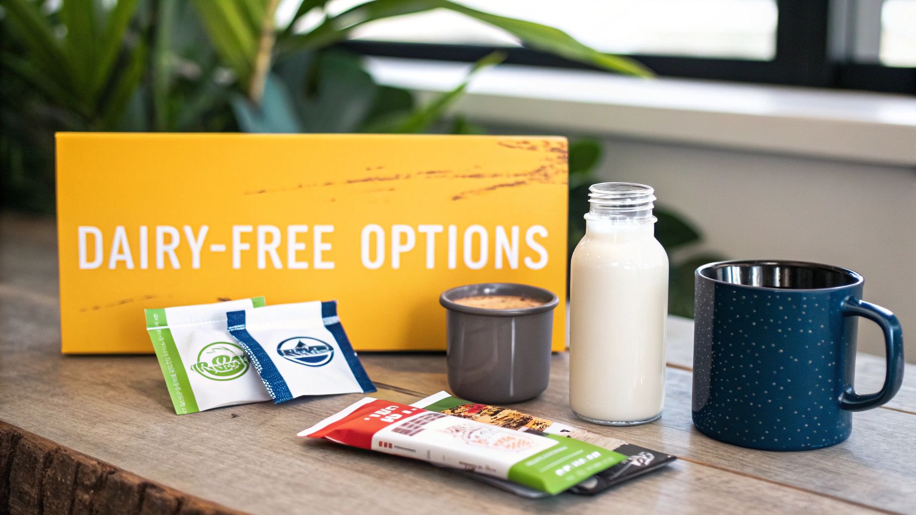 A yellow sign reading 'DAIRY-FREE OPTIONS' behind a bottle of plant-based milk, a small coffee cup, and a mug.