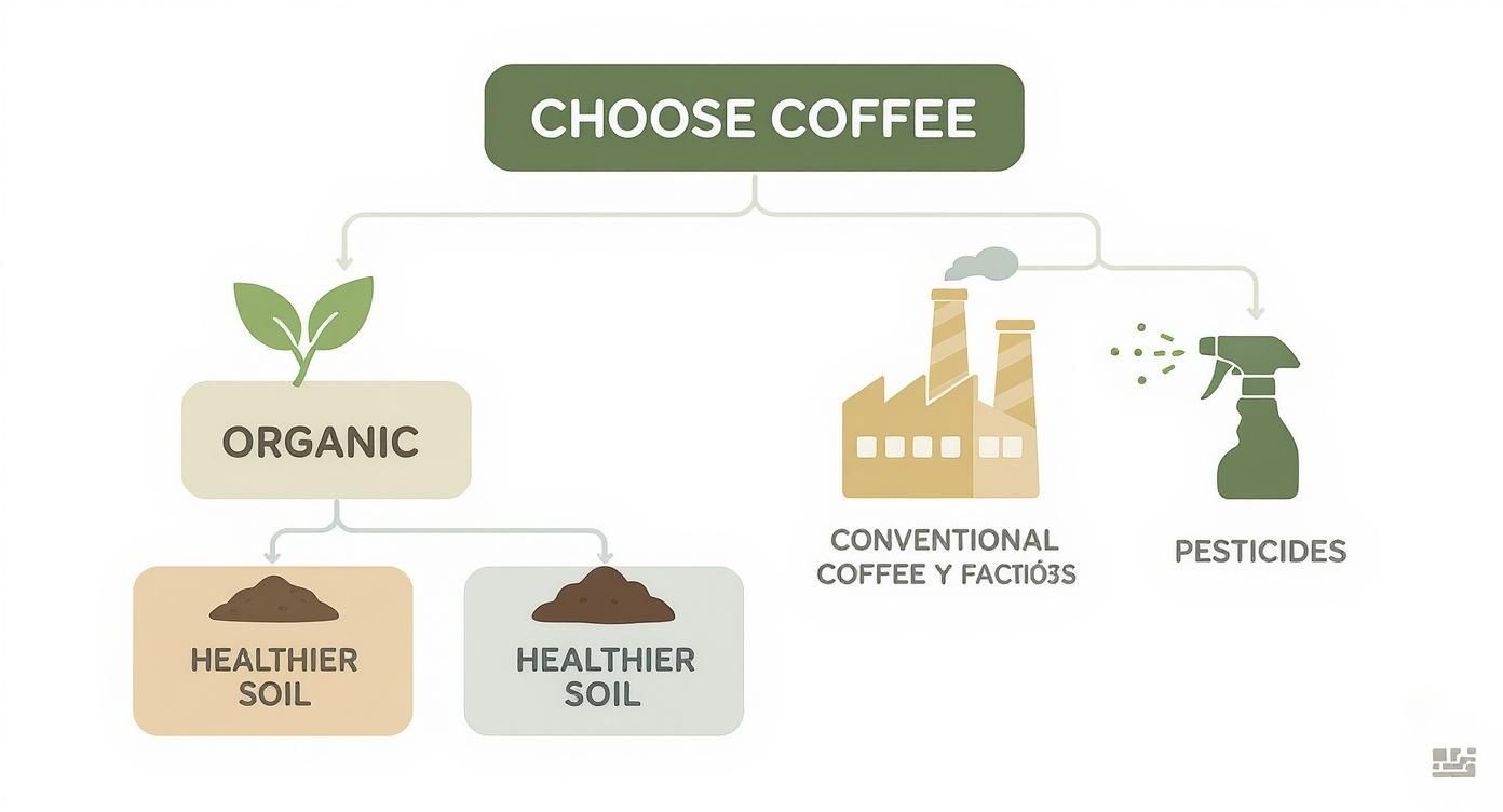 Infographic decision tree showing the choice between organic and conventional coffee