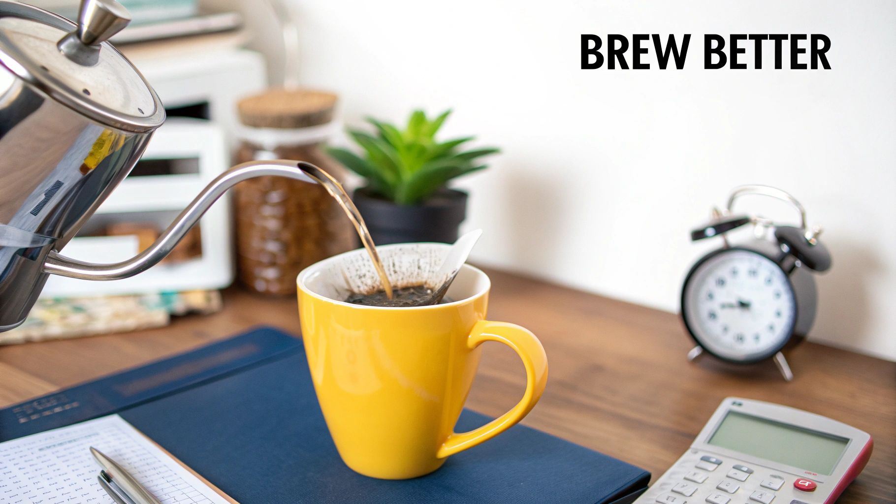 A gooseneck kettle pours hot water into a yellow mug with a coffee filter on a desk.