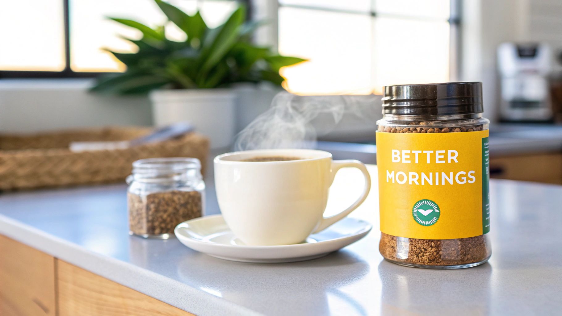 Woman pouring a cup of instant coffee in a modern kitchen