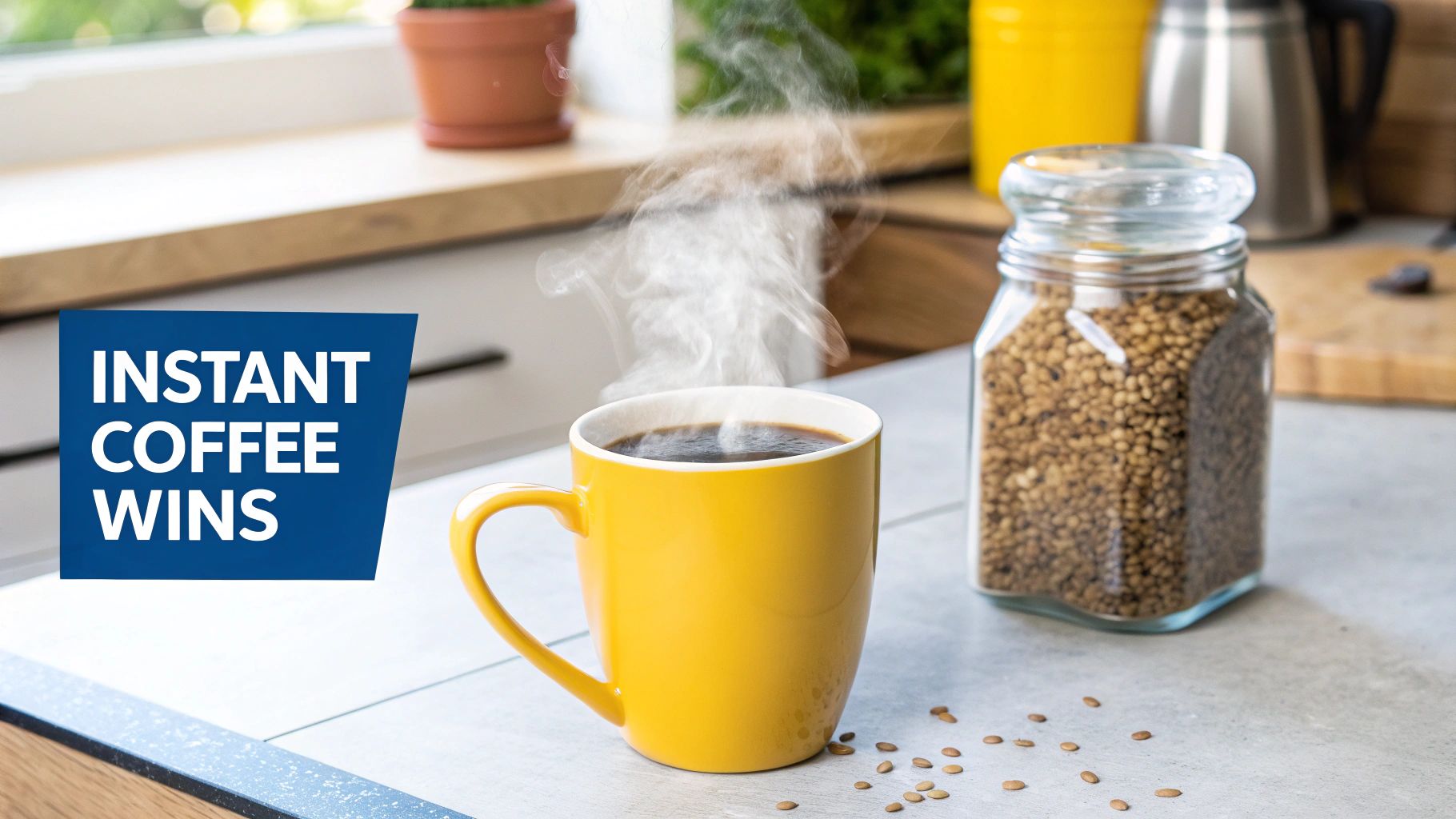A warm cup of instant coffee with coffee granules scattered around it on a wooden surface.