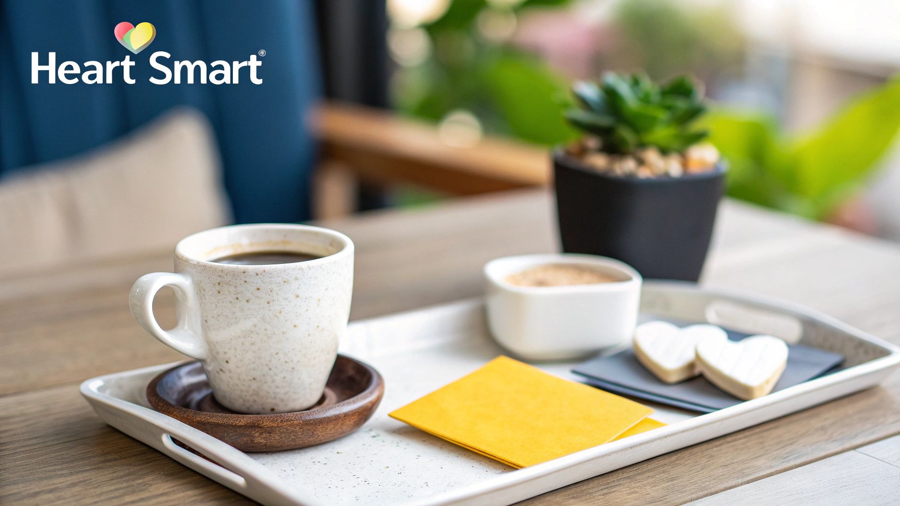 A tray with a cup of coffee, heart-shaped cookies, sugar, and a napkin on a wooden table.
