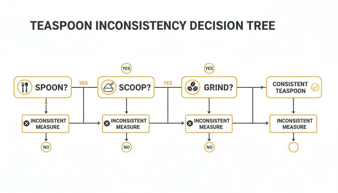 Decision tree flowchart illustrating teaspoon inconsistency based on spoon, scoop, and grind factors.