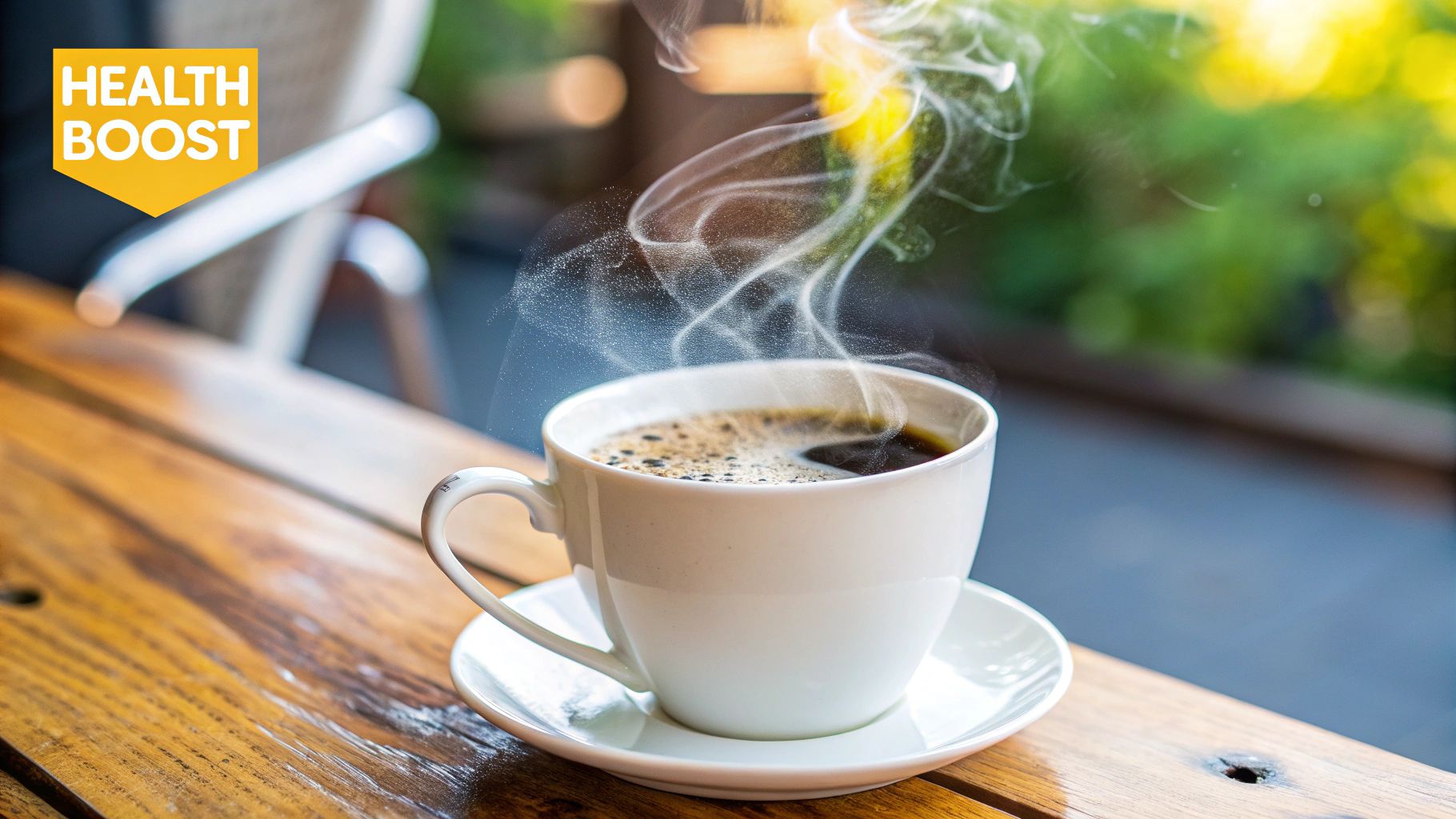 Person holding a cup of organic coffee with fresh beans in the background