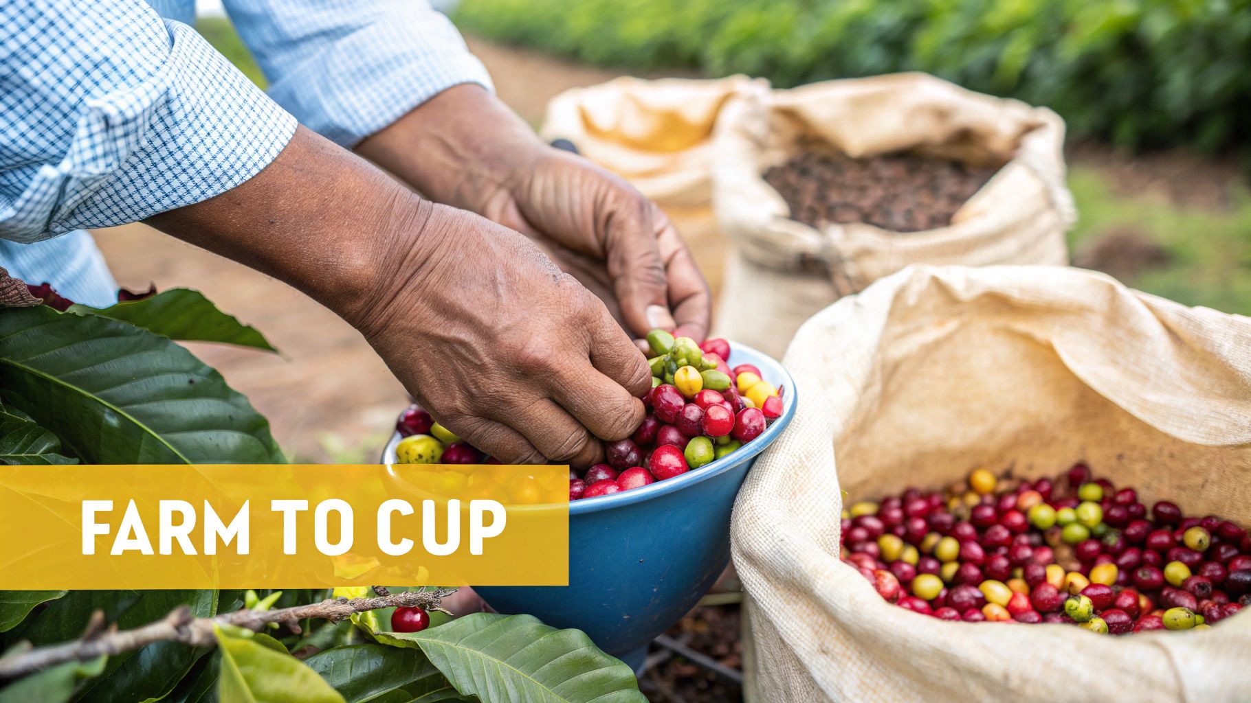 Close-up of a farmer harvesting red and green coffee cherries into a blue bowl on a farm.