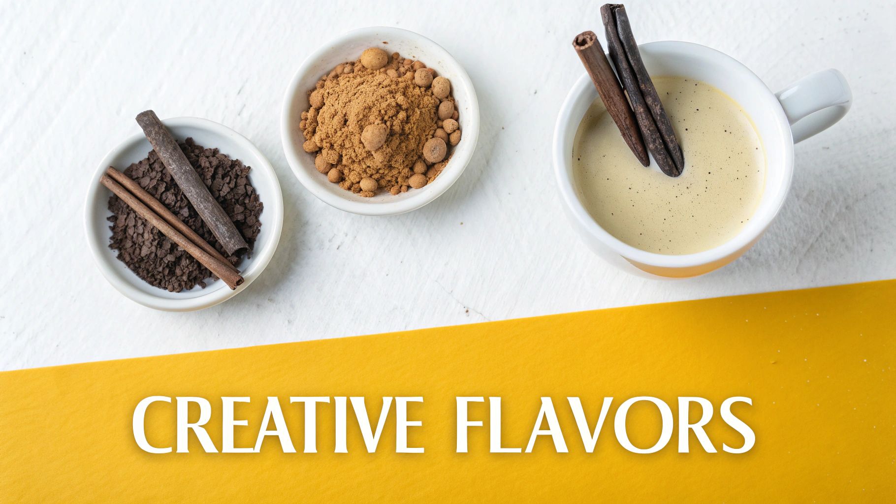 Creative flavors displayed with coffee, spices, chocolate flakes, and vanilla beans on a white background.