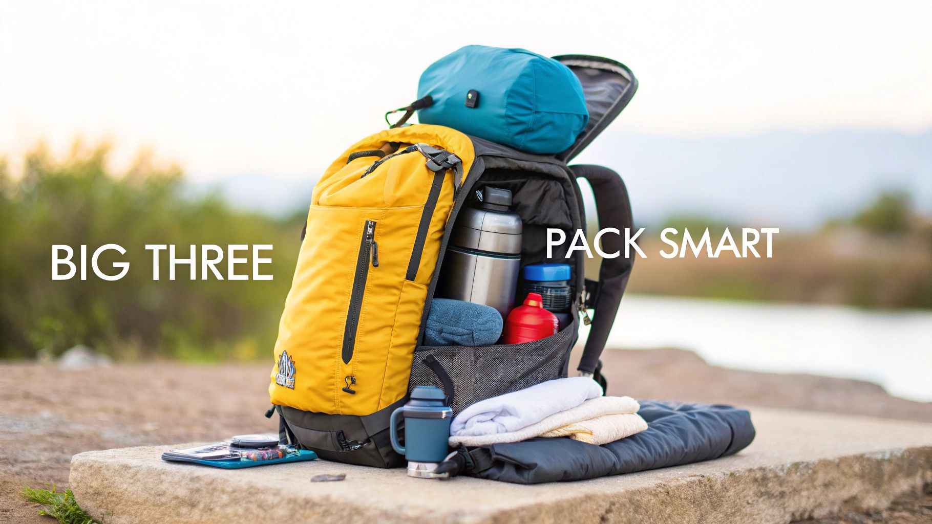A well-packed yellow backpack sits on a stone slab outdoors, showing camping gear and essentials.