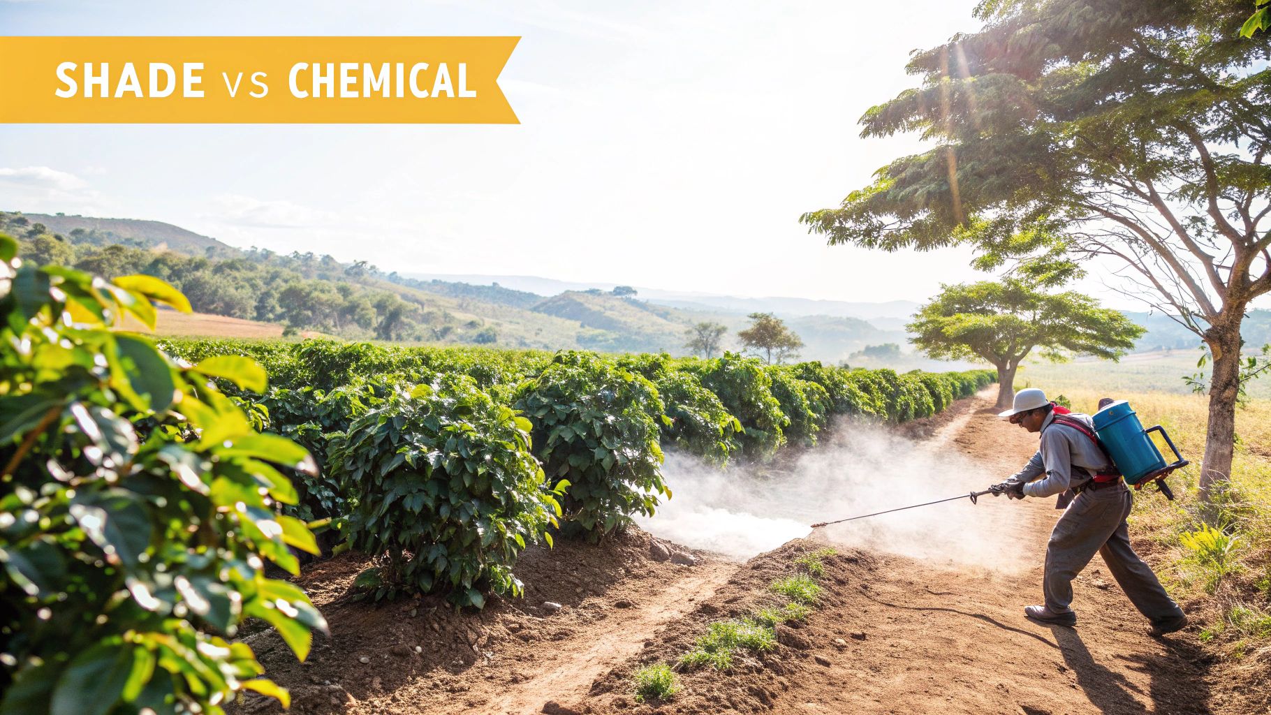 Organic coffee beans being held in hands, with a lush green coffee farm in the background.