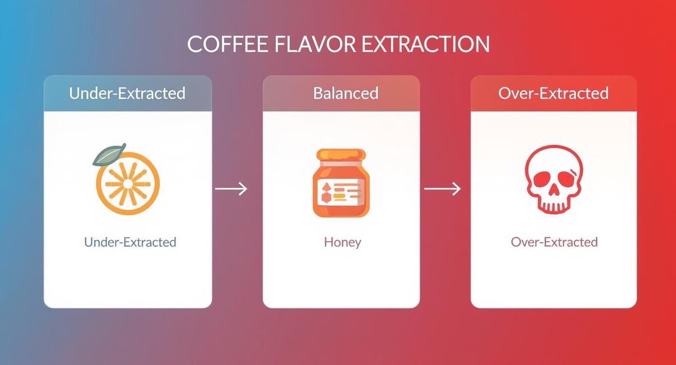 Infographic showing coffee flavor extraction stages: under-extracted (orange), balanced (honey), and over-extracted (skull).
