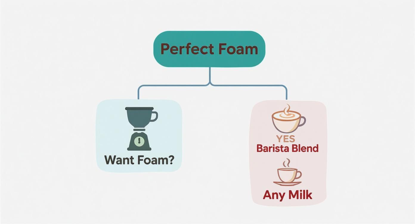 Flowchart explaining how to achieve perfect foam for coffee using a frother and different milks.