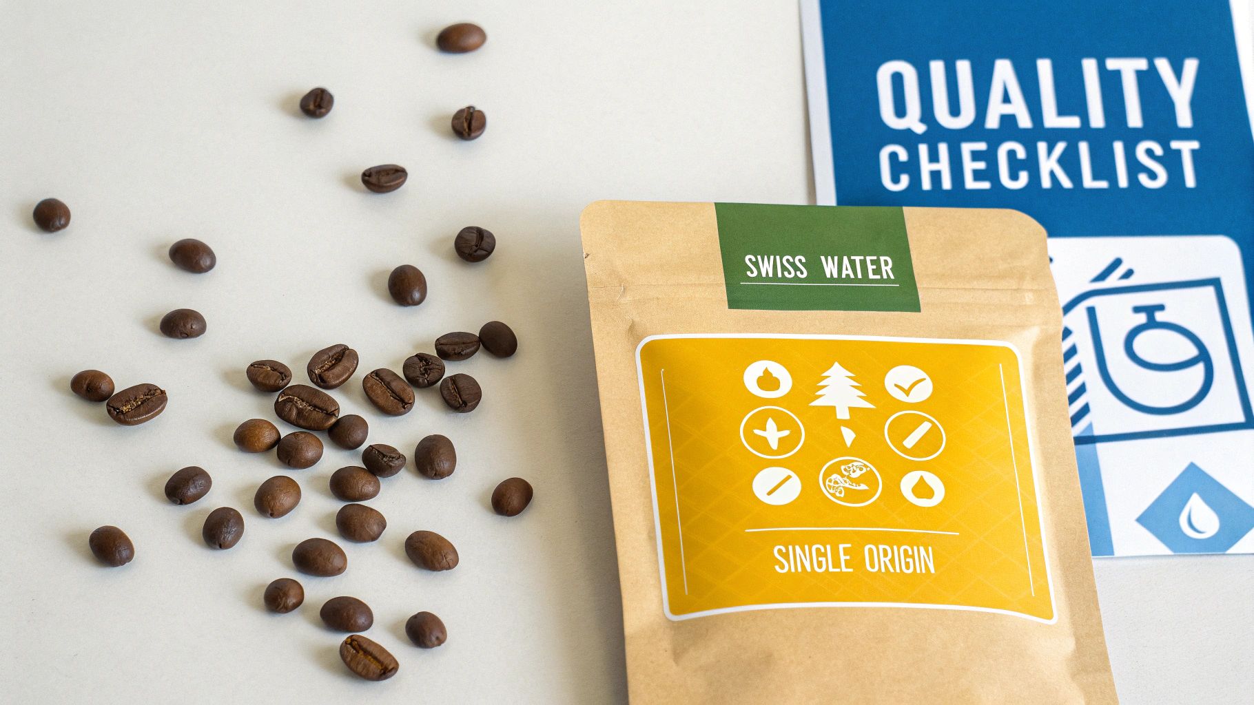 Coffee beans scattered around a Swiss Water Single Origin coffee bag and a quality checklist.