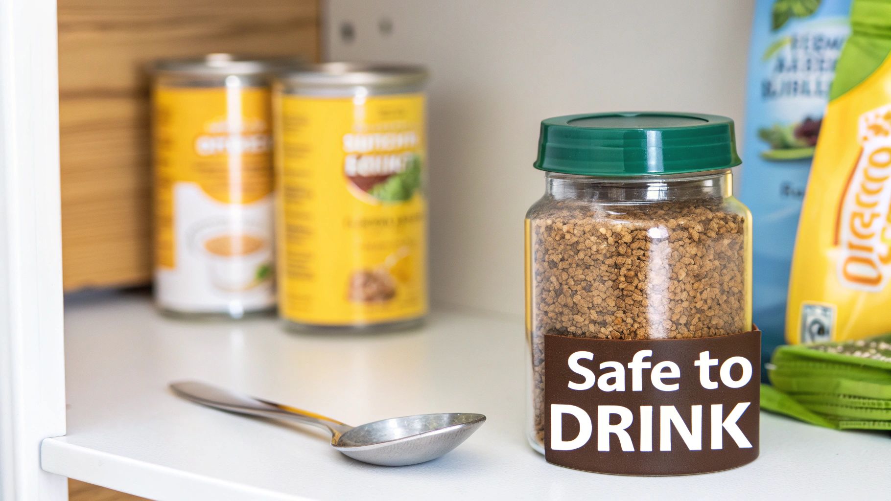 A clear glass jar filled with instant coffee granules, labeled 'Safe to DRINK,' on a white shelf with a spoon.