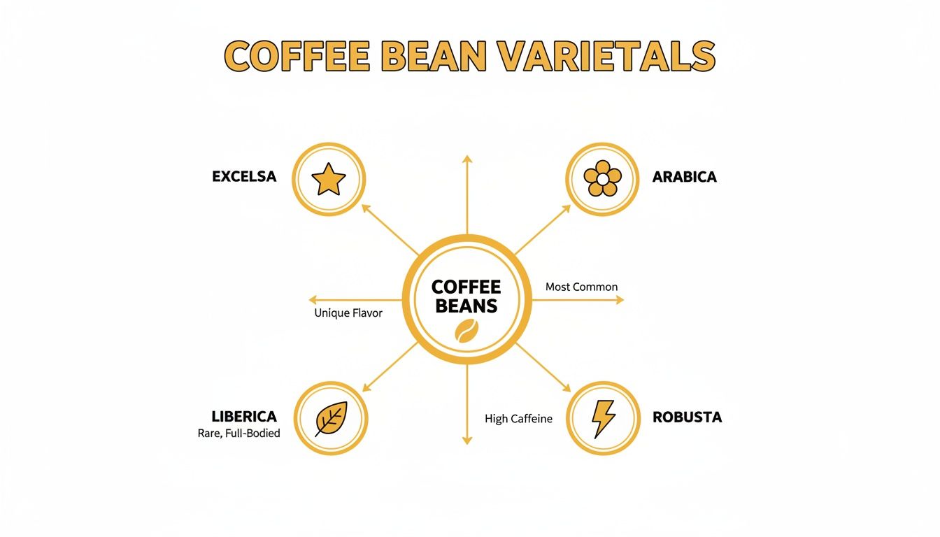 A diagram illustrating four main coffee bean varietals: Excelsa, Arabica, Liberica, and Robusta, with key characteristics.