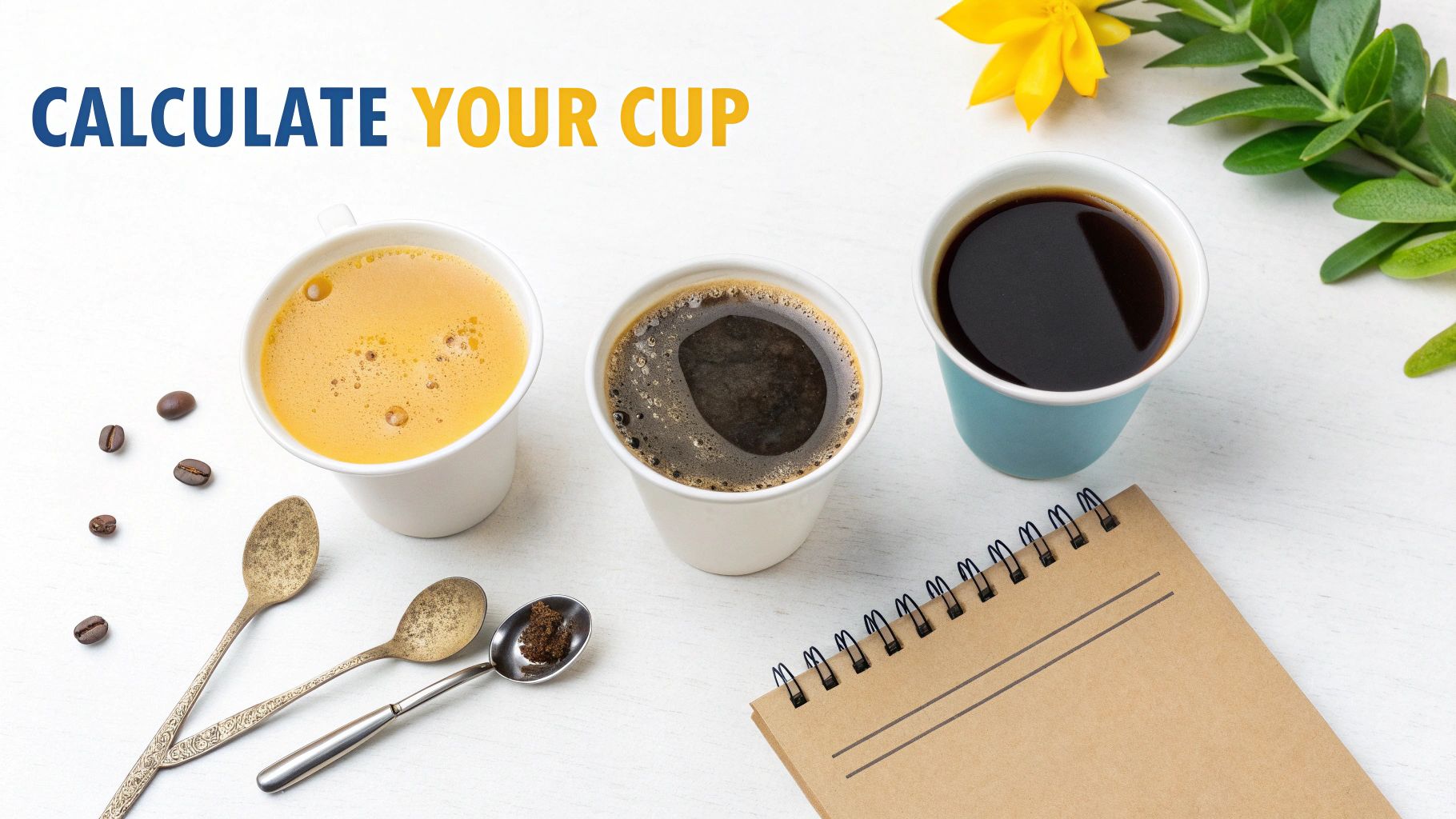 Three cups of coffee, coffee beans, spoons, and a notepad on a white surface with text.