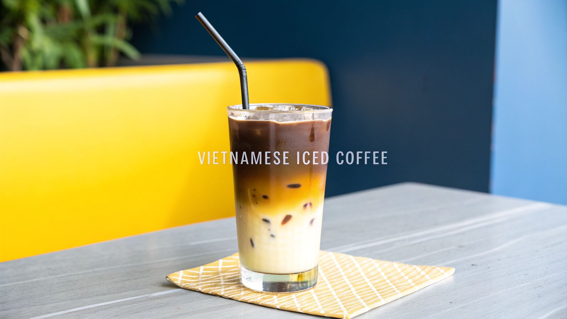 A tall glass of layered Vietnamese iced coffee with ice and a straw on a table with a yellow napkin.