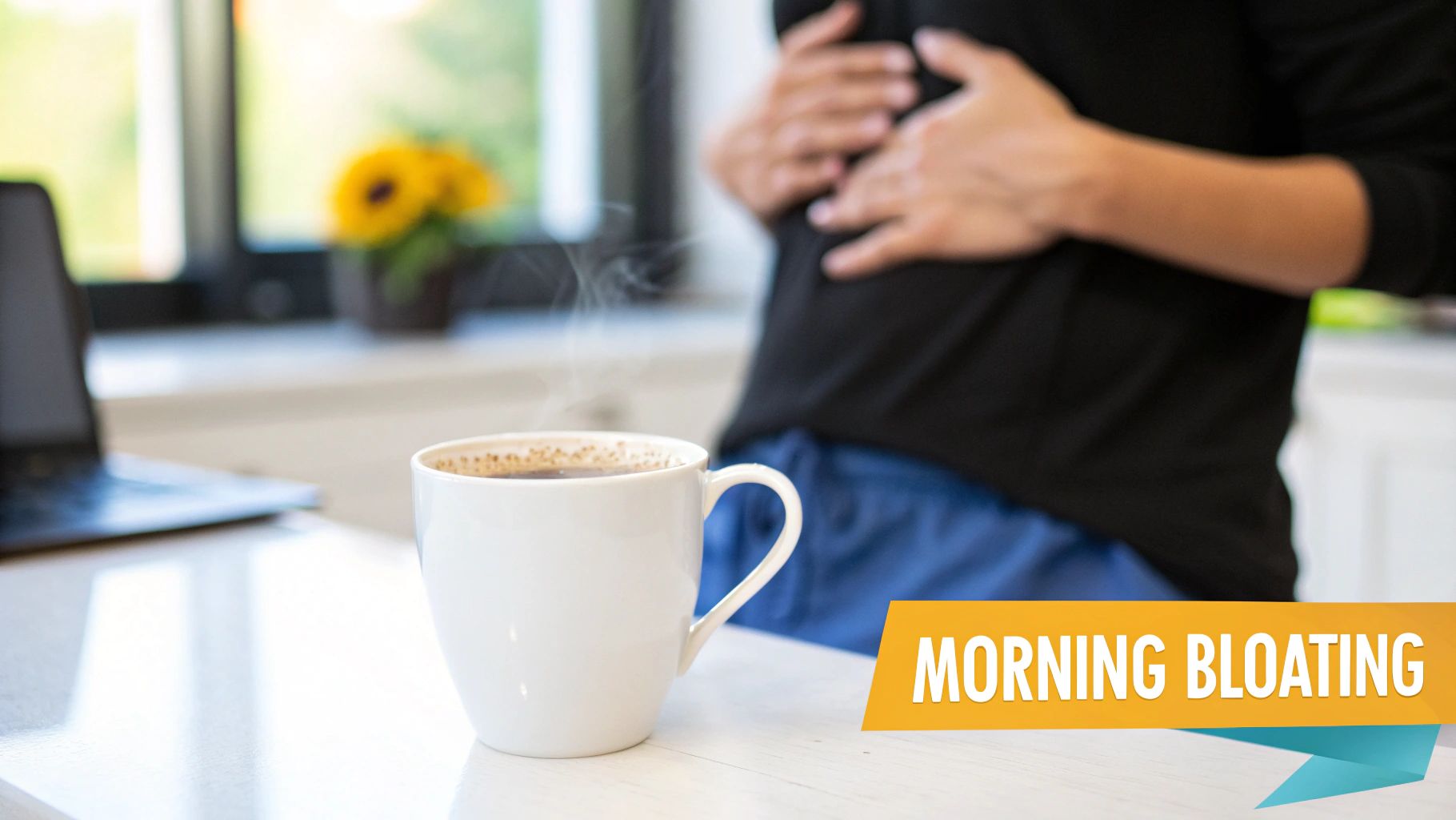 Person holding coffee mug at desk while working on laptop experiencing morning bloating