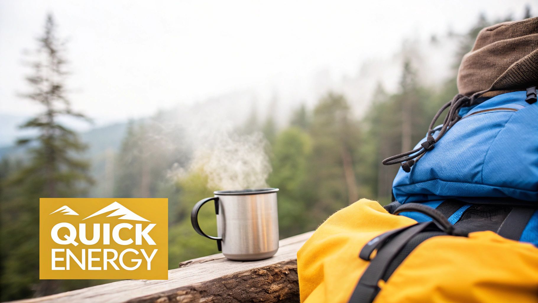 A person boiling water in a small camping pot on a portable stove next to a travel mug.