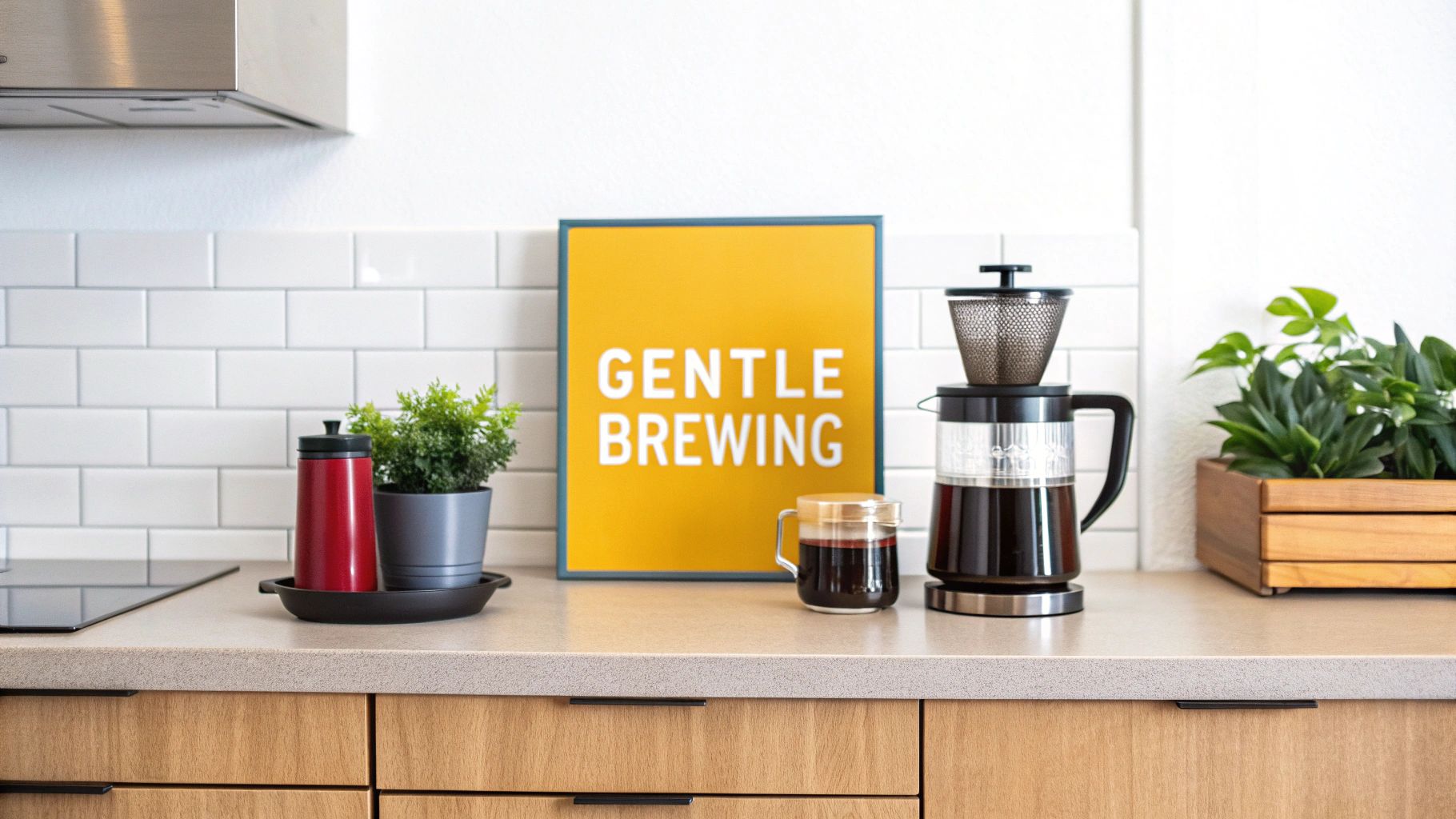 A stylish kitchen counter with coffee brewing equipment, a plant, and a "GENTLE BREWING" sign.