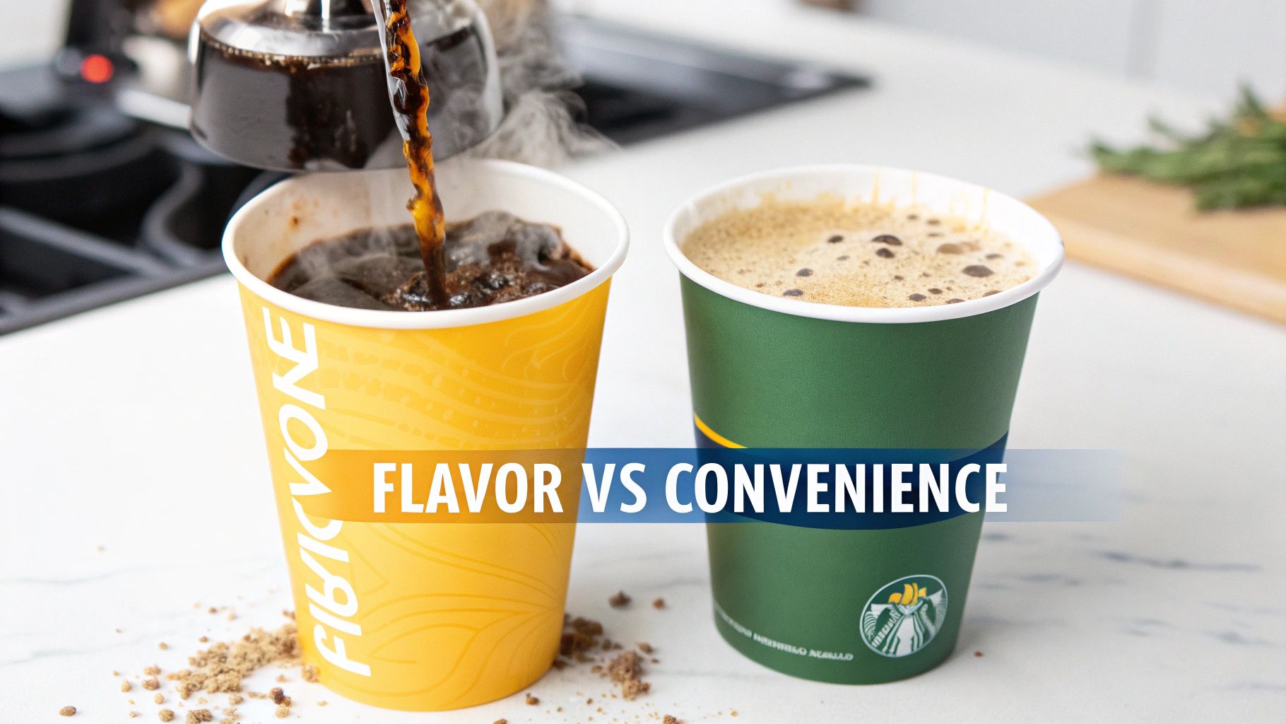 A person's hands carefully pouring hot water over ground coffee in a pour-over dripper, steam rising from the cup.