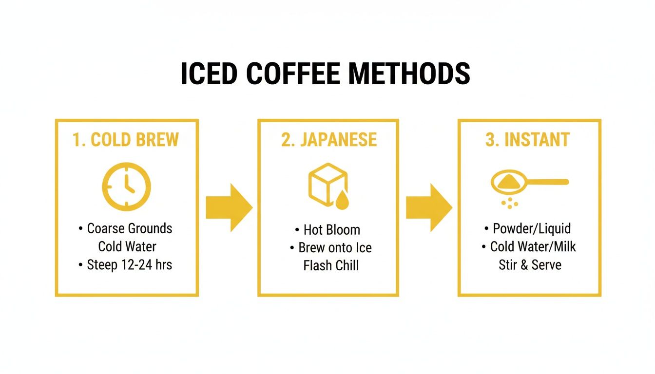 Infographic showing three methods for making iced coffee: Cold Brew, Japanese, and Instant preparation.