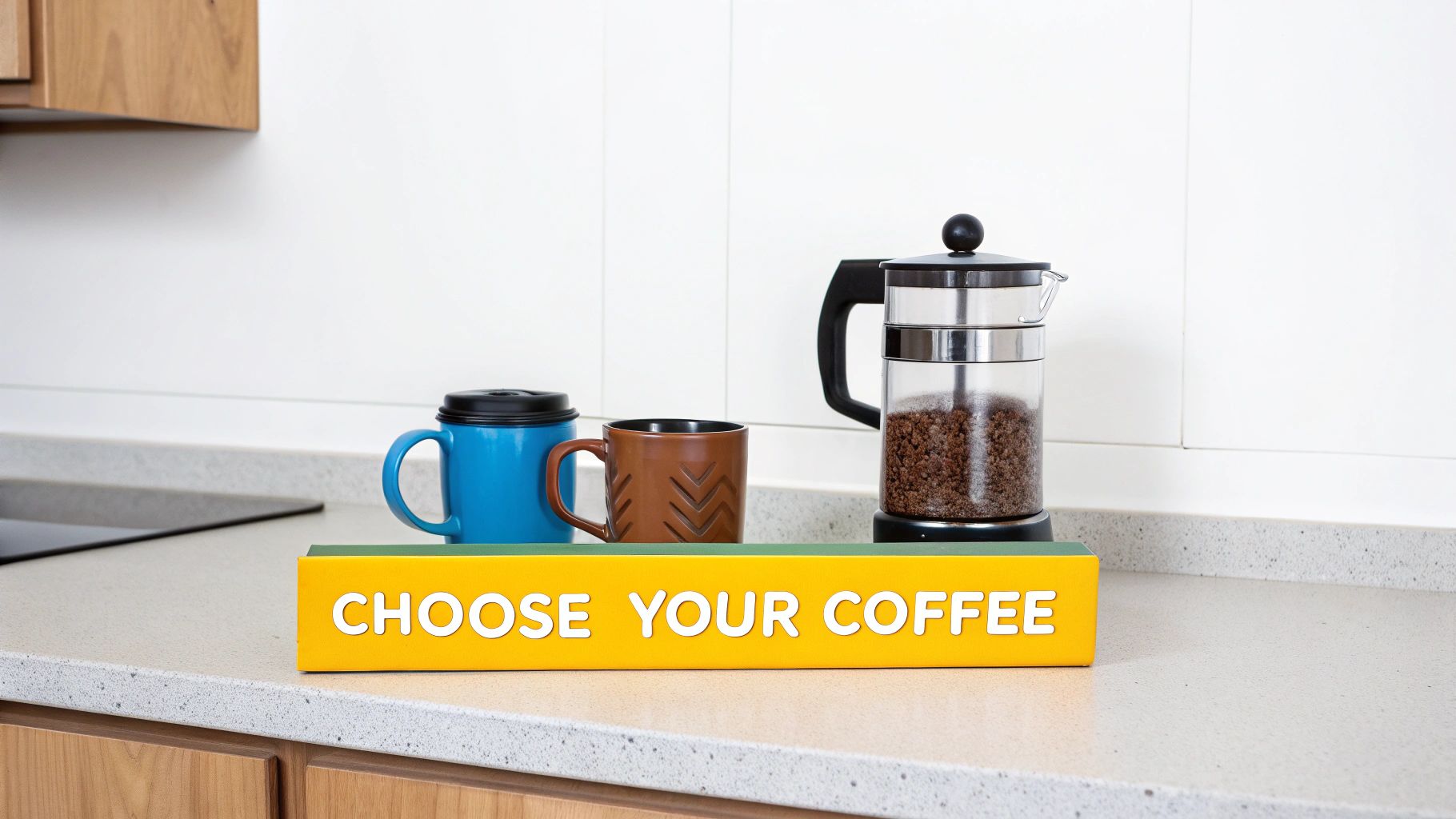 A person holding a cup of coffee outdoors with a scenic mountain view in the background, representing choosing the right coffee for any situation.