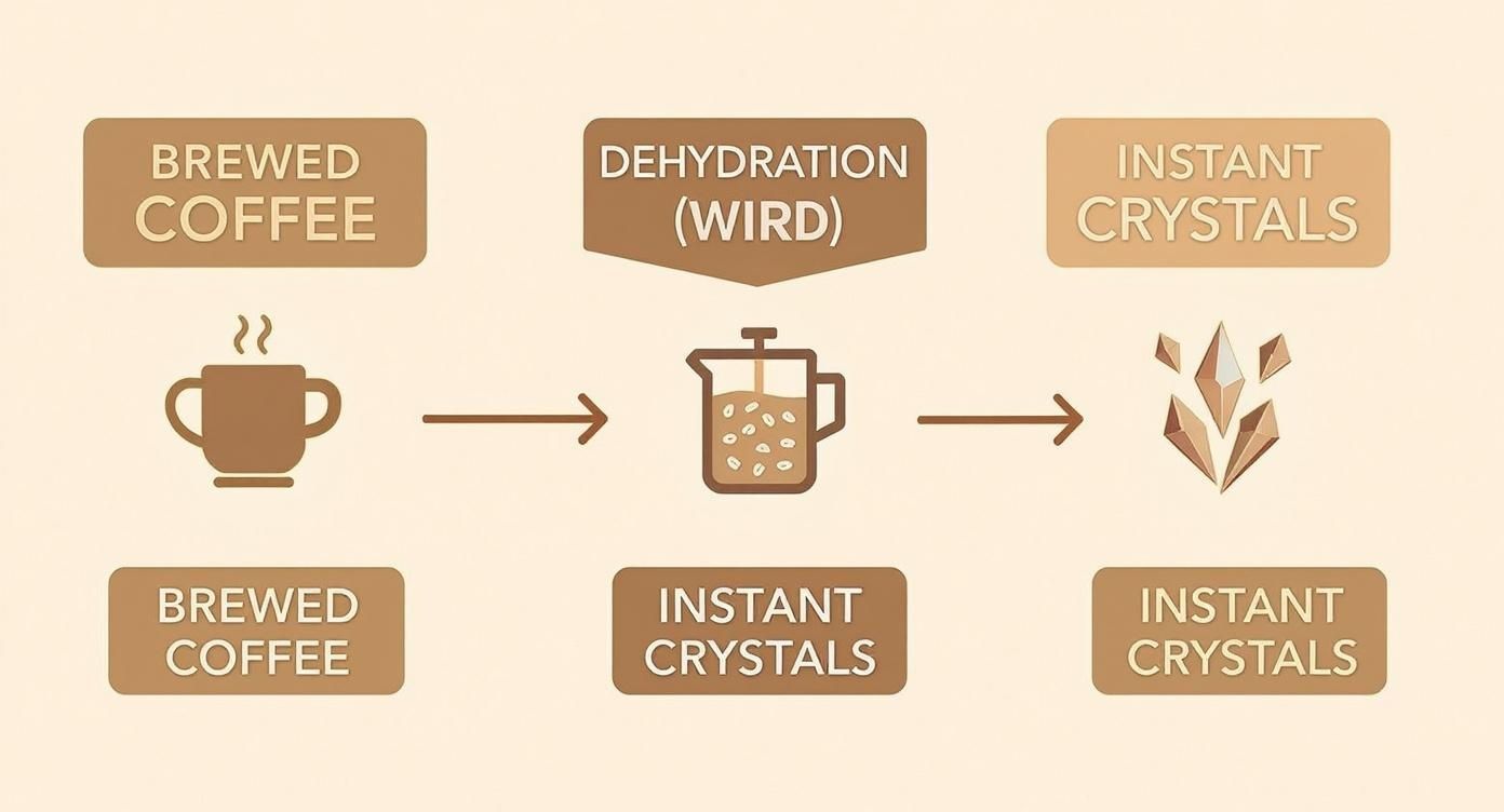 Diagram showing coffee production process from brewed coffee through dehydration to instant coffee crystals